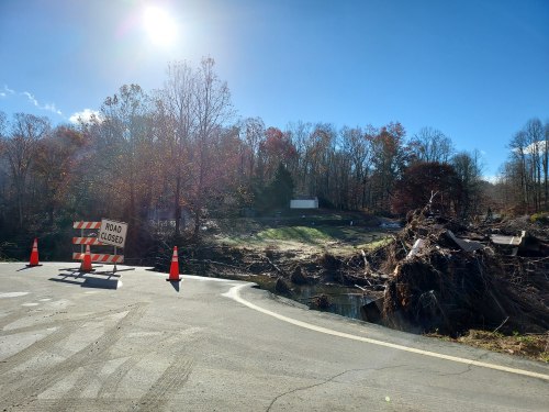 Sanford Contractors crews begin bridge reconstruction in Yancey County as part of Hurricane Helene recovery efforts.