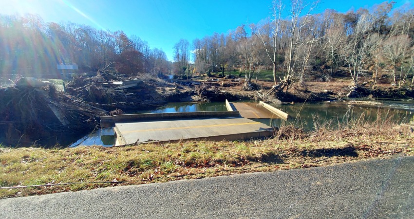 Sanford Contractors crews begin bridge reconstruction in Yancey County as part of Hurricane Helene recovery efforts.
